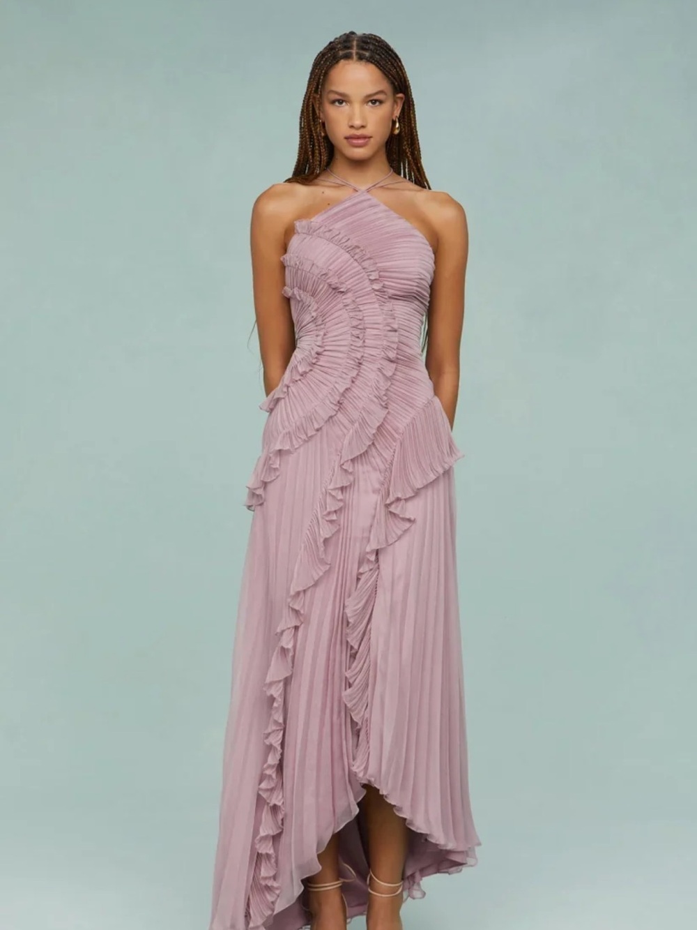 Dusty Rose Ruffle Halter Midi Dress